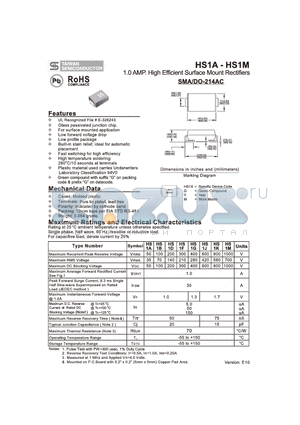 HS1K datasheet - 1.0 AMP. High Efficient Surface Mount Rectifiers