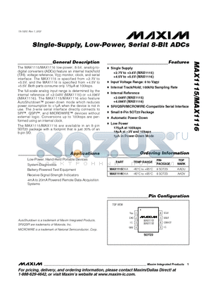 MAX1115EKA datasheet - Single-Supply, Low-Power, Serial 8-Bit ADCs