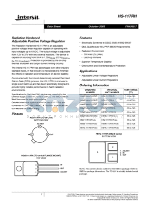 HS2-117RH-Q datasheet - Radiation Hardened Adjustable Positive Voltage Regulator