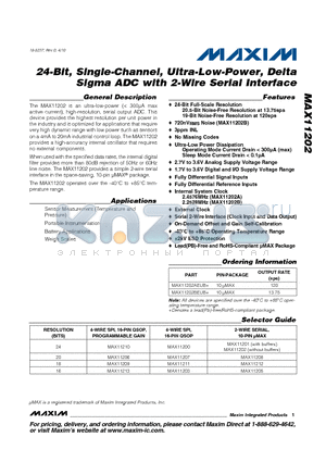 MAX11202 datasheet - 24-Bit, Single-Channel, Ultra-Low-Power, Delta Sigma ADC with 2-Wire Serial Interface