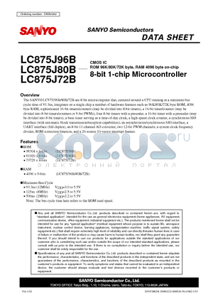 LC875J80B datasheet - ROM 96K/80K/72K byte, RAM 4096 byte on-chip 8-bit 1-chip Microcontroller