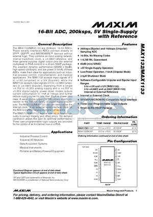 MAX1132 datasheet - 16-Bit ADC, 200ksps, 5V Single-Supply with Reference