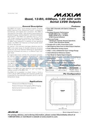 MAX1127EGK datasheet - Quad, 12-Bit, 65Msps, 1.8V ADC with Serial LVDS Outputs