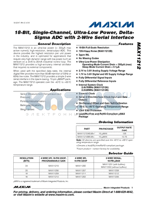 MAX11212 datasheet - 18-Bit, Single-Channel, Ultra-Low Power, Delta-Sigma ADC with 2-Wire Serial Interface
