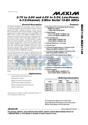 MAX1136 datasheet - 2.7V to 3.6V and 4.5V to 5.5V, Low-Power, 4-/12-Channel, 2-Wire Serial 10-Bit ADCs