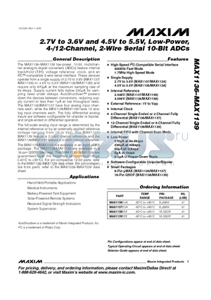MAX1138 datasheet - 2.7V to 3.6V and 4.5V to 5.5V, Low-Power, 4-/12-Channel, 2-Wire Serial 10-Bit ADCs
