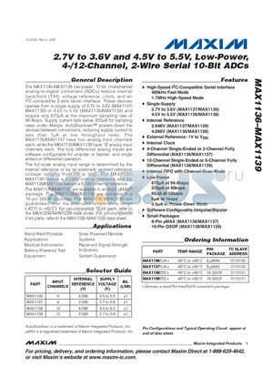 MAX1139 datasheet - 2.7V to 3.6V and 4.5V to 5.5V, Low-Power, 4-/12-Channel, 2-Wire Serial 10-Bit ADCs