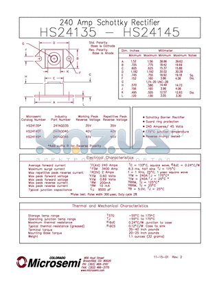 HS24145 datasheet - 240 AMP SCHOTTKY RECTIFIER