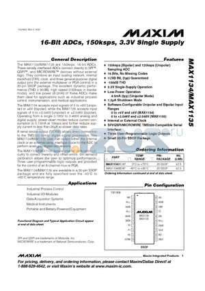 MAX1135BCAP datasheet - 16-Bit ADCs, 150ksps, 3.3V Single Supply