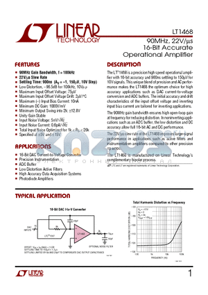 LT1468 datasheet - 90MHz, 22V/us 16-Bit Accurate Operational Amplifier