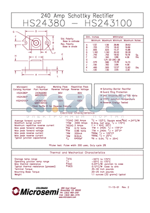 HS24380 datasheet - 240 AMP SCHOTTKY RECTIFIER