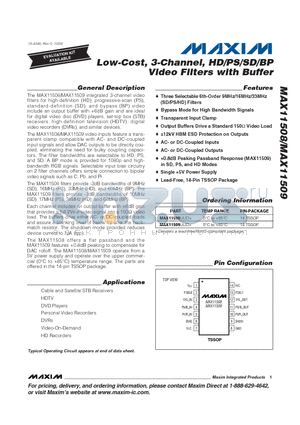MAX11509 datasheet - Low-Cost, 3-Channel, HD/PS/SD/BP Video Filters with Buffer