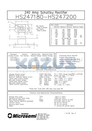 HS247180 datasheet - 240 AMP SCHOTTKY RECTIFIER