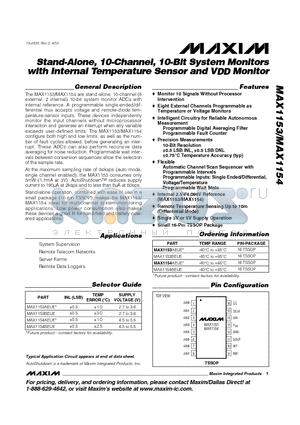 MAX1153-MAX1154 datasheet - Stand-Alone, 10-Channel, 10-Bit System Monitors with Internal Temperature Sensor and VDD Monitor