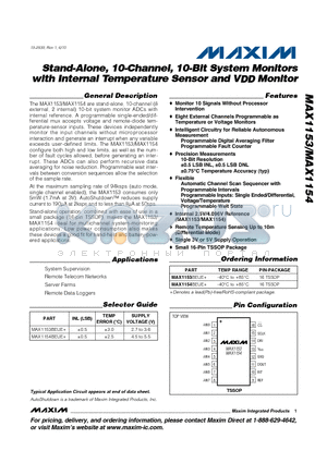 MAX1153BEUE+ datasheet - Stand-Alone, 10-Channel, 10-Bit System Monitors with Internal Temperature Sensor and VDD Monitor