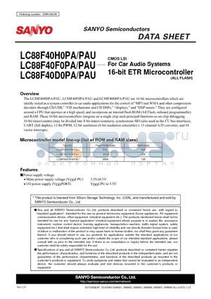 LC88F40H0PA datasheet - For Car Audio Systems 16-bit ETR Microcontroller