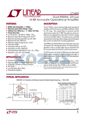 LT1469 datasheet - Dual 90MHz, 22V/us 16-Bit Accurate Operational Amplifier