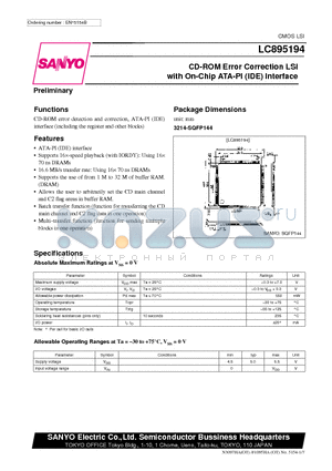 LC895194 datasheet - CD-ROM Error Correction LSI with On-Chip ATA-PI (IDE) Interface