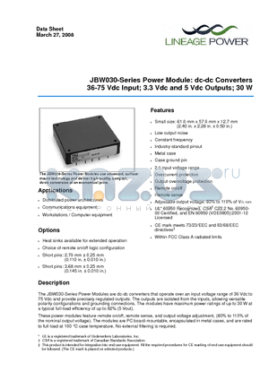 JBW030F datasheet - 36-75 Vdc Input; 3.3 Vdc and 5 Vdc Outputs; 30 W