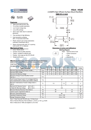 HS2A datasheet - 2.0AMPS High Efficient Surface Mount Rectifiers