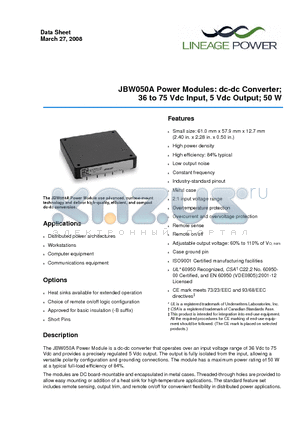JBW050A1 datasheet - 36 to 75 Vdc Input, 5 Vdc Output; 50 W
