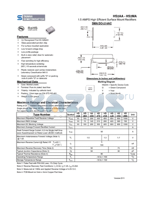 HS2AA_11 datasheet - 1.5 AMPS High Efficient Surface Mount Rectifiers