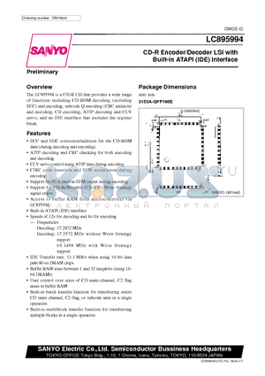 LC895994 datasheet - CD-R Encoder/Decoder LSI with Built-in ATAPI (IDE) Interface