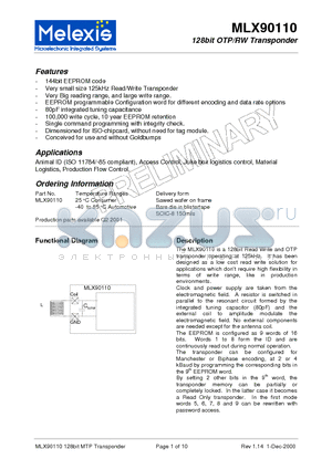 MLX90110 datasheet - 128bit OTP/RW Transponder