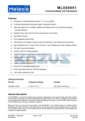 MLX80001KLQD datasheet - 4-channel Master LIN Transceiver