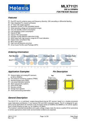 MLX71121 datasheet - 300 to 930MHz FSK/FM/ASK Receiver
