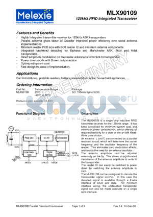 MLX90109 datasheet - 125kHz RFID Integrated Transceiver