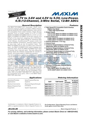 MAX11615EEE+ datasheet - 2.7V to 3.6V and 4.5V to 5.5V, Low-Power, 4-/8-/12-Channel, 2-Wire Serial, 12-Bit ADCs