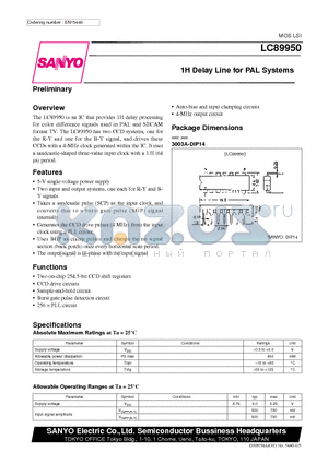 LC89950 datasheet - 1H Delay Line for PAL Systems