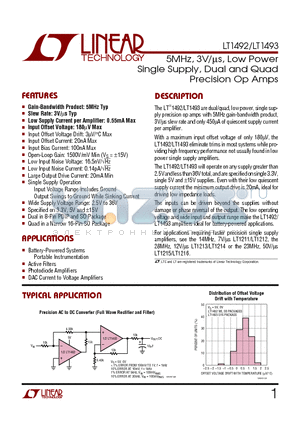 LT1492CS8 datasheet - 5MHz, 3V/us, Low Power Single Supply, Dual and Quad Precision Op Amps