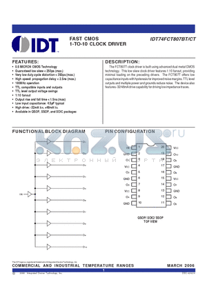 IDT74FCT807BTPYG datasheet - FAST CMOS 1-TO-10 CLOCK DRIVER