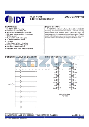 IDT74FCT807CTPYG datasheet - FAST CMOS 1-TO-10 CLOCK DRIVER