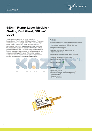 LC94D74-20R datasheet - 980nm Pump Laser Module - Grating Stabilized, 300mW