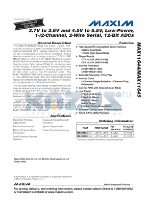 MAX11644EUA+ datasheet - 2.7V to 3.6V and 4.5V to 5.5V, Low-Power, 1-/2-Channel, 2-Wire Serial, 12-Bit ADCs