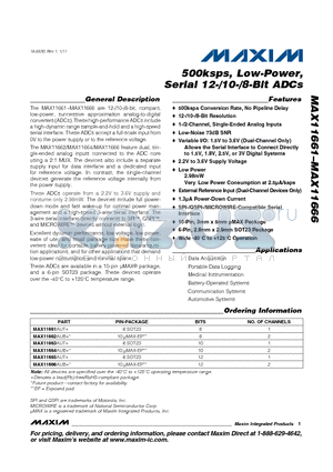MAX11661 datasheet - 500ksps, Low-Power, Serial 12-/10-/8-Bit ADCs