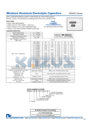 NRSZC102M6.3V12.5X20TBF datasheet - Miniature Aluminum Electrolytic Ca pac i tors