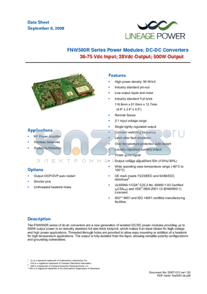 FNW500R64-18 datasheet - 36 - 75 Vdc Input; 28Vdc Output; 500W Output