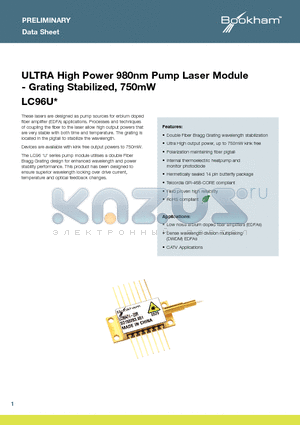 LC96UB74-20R datasheet - ULTRA High Power 980nm Pump Laser Module - Grating Stabilized, 750mW