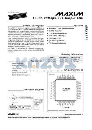 MAX1171 datasheet - 12-Bit, 20Msps, TTL-Output ADC