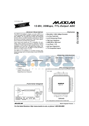 MAX1172 datasheet - 12-Bit, 30Msps, TTL-Output ADC