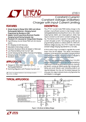 LT1511 datasheet - Constant-Current/ Constant-Voltage 3A Battery Charger with Input Current Limiting