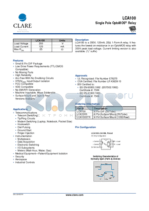 LCA100 datasheet - Single Pole OptoMOS Relay