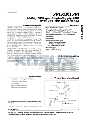 MAX1177AEUP datasheet - 16-Bit, 135ksps, Single-Supply ADC with 0 to 10V Input Range