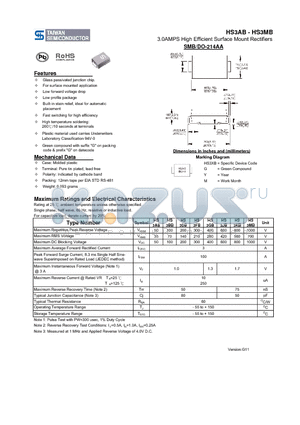 HS3AB_11 datasheet - 3.0AMPS High Efficient Surface Mount Rectifiers