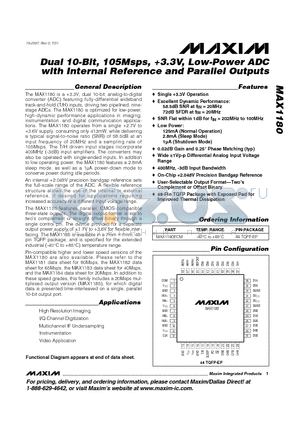 MAX1180 datasheet - Dual 10-Bit, 105Msps, 3.3V, Low-Power ADC with Internal Reference and Parallel Outputs