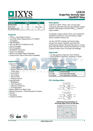 LCA125 datasheet - Single-Pole, Normally Open OptoMOS Relay